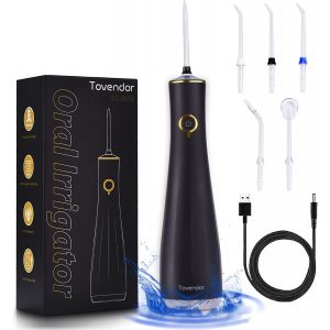 TOVENDOR Electric Water Flosser, Cordless Dental Oral Irrigator - 3 Modes, 5 Tips for Family Hygiene (250ML, Waterproof Waterflosser) (Black)