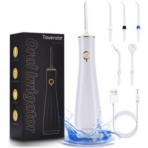 TOVENDOR Electric Water Flosser, Cordless Dental Oral Irrigator - 3 Modes, 5 Tips for Family Hygiene (250ML, Waterproof Waterflosser) (White)